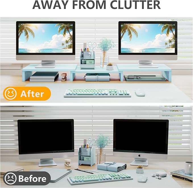 TAVR Dual Monitor Stand Riser Office Desktop Organizer Stand for 2 Monitors, Adjustable Length and Angle 3 Shelf, Extra Long Multifunctional Stand up to 43.3" fit Computer, Laptop, TV, Blue