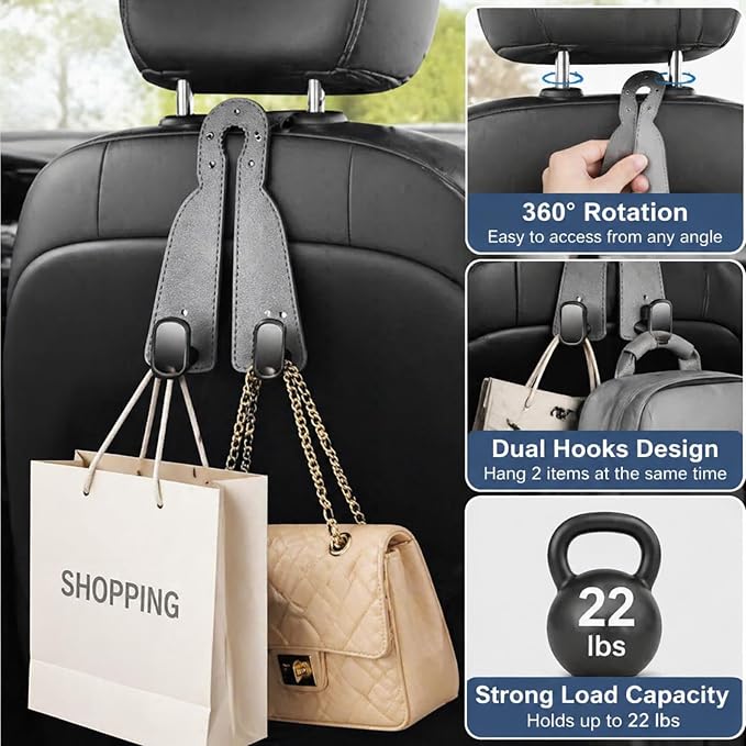 2 Pack Leather Car Seat Back Double Hooks - Heavy Duty Metal Core Headrest Hangers for Purses, Bags & Groceries - Anti-Drop & Scratch-Free Auto Interior Organizer Holder (Grey)