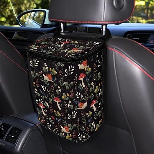 Talayituse Mushroom Snail Flower Print Car Trash Can with Lid, Leak Proof Auto Trash Bag Hanging Vehicle Garbage Can Multipurpose Storage Container for Back Seat Road Trip