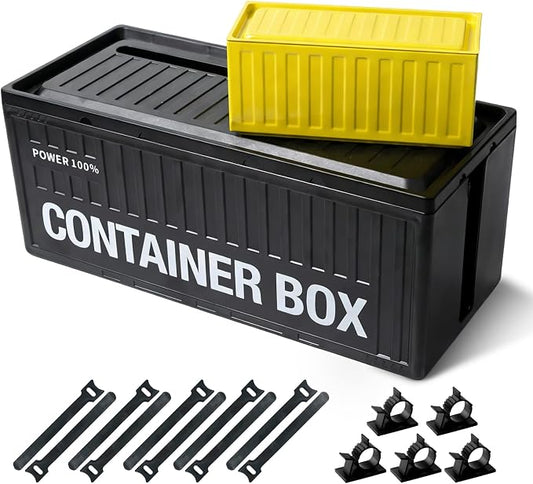 NEXIL Cable Management Box - Cord Organizer Box to Hide Power Strips & Cables, Industrial Desk Cable Organizer with Retro Metal Storage Tin, Black