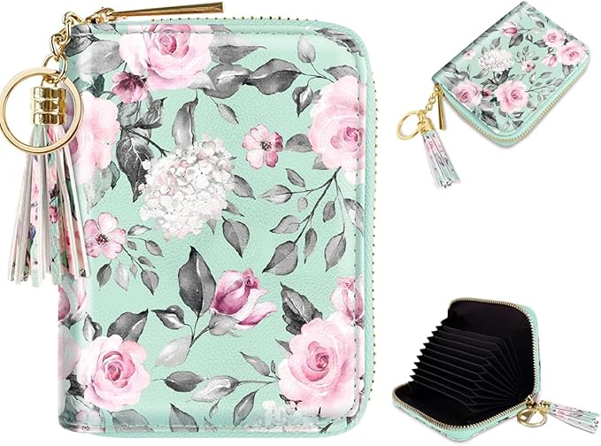 Coco Rossi Leather Credit Card Wallet for Women, RFID Blocking Zipper Cards Holder with Tassels, Green Flowers