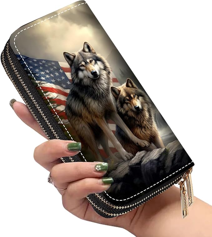 Women's Large Capacity Wallet PU Leather Double Zipper Clutch Purse Multifunctional Wallet with Removable Wristlet Strap for Smart Phone/Coin/Card/Cash - American Flag Wolf