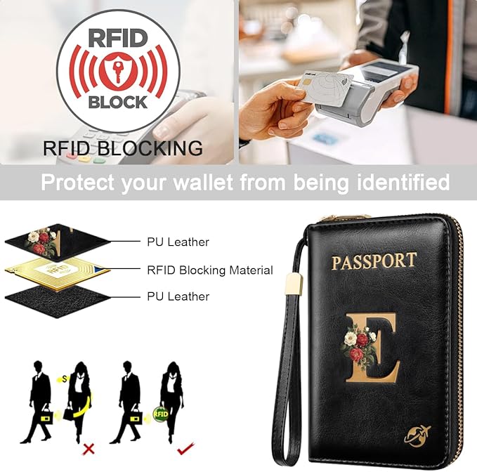 Passport Holder Cover Wallet with Zipper Personalized Initial Letter E Rose Flower RFID Blocking Travel Wallets Credit Cards Holder for Women, Gift for Wife and Girlfriend,E