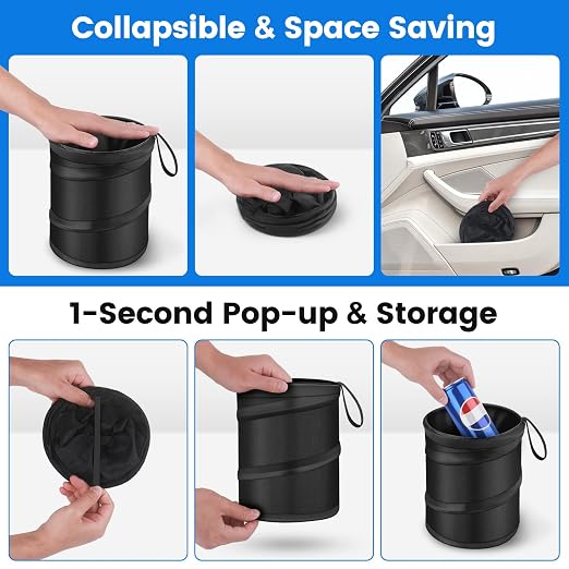 2 Pack Mini Trash Can for Car, Leakproof Pop-Up Car Trash Can with Hanging Loop, Washable Small Garbage Can Hanging Automotive Garbage Cans Trash Bin for Truck Auto SUV Vehicle RV Camping, 1 Gallon