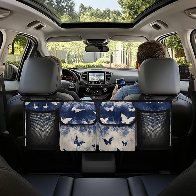 Blue Butterfly Car Backseat Hanging Trunk Organizer for SUV Collapsible Car Interior Accessories with 4 Pockets & 3 Adjustable Straps for Women