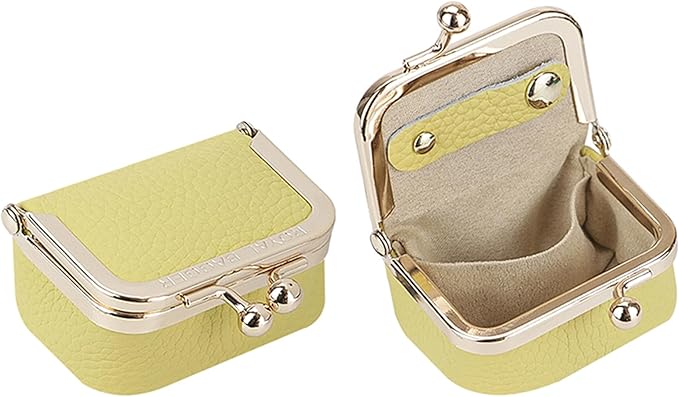 Royal Bagger Genuine Cow Leather Mini Jewelry Box Women's Coin Purse Solid Color Kiss Lock Change Pouch Casual Style Small Storage Bag for Women 1894 (Yellow)