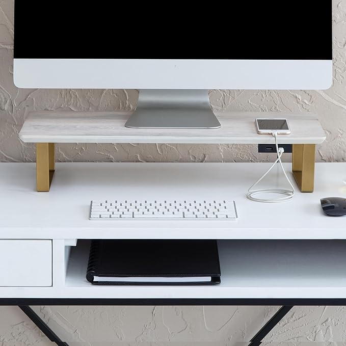 Anji Mountain Monitor Stand - Desktop Organizer & Laptop Riser, Ergonomic Monitor Riser, Space-Saving Monitor Stand for Desk, Durable Construction, Easy Assembly, Ideal for Home & Office,White Wash