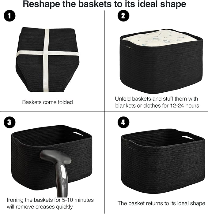 ICERZCZ Large Storage Baskets for Organizing Shelves, Woven Cotton Rope Bins for Baby Nursery Organization, Book Toy Towel Organizer, 17"x13"x9.5", 3 Packs, Black