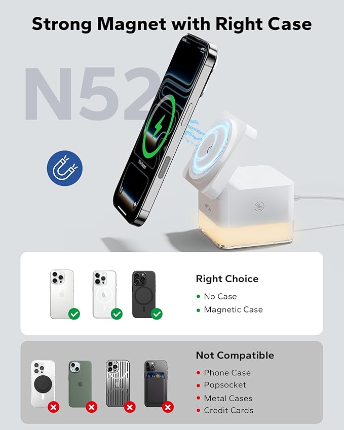 KPON for iPhone Nightstand Charging Station,15W 3 in 1 Wireless Phone Charger Stand with Night Lamp, Travel Foldable Magnetic Cube Magsafe Dock for iPhone 17 16 15 14 13 12 Series/Apple Watch/Airpods