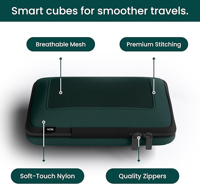 NOBL Travel Compressible Packing Cubes Set, 6 Pieces Travel Packing Organizers, Compression Luggage Cubes for Suitcases & Carry On, Space Saving (XXS, XS, S, M, L, XL) - Forest Green