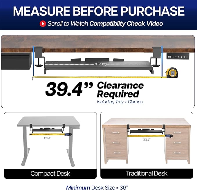 VIVO Extra Long Clamp-on Computer Keyboard and Mouse Under Desk Slider Tray, 34 x 11 inch Pull Out Platform Drawer, White, MOUNT-KB15EW