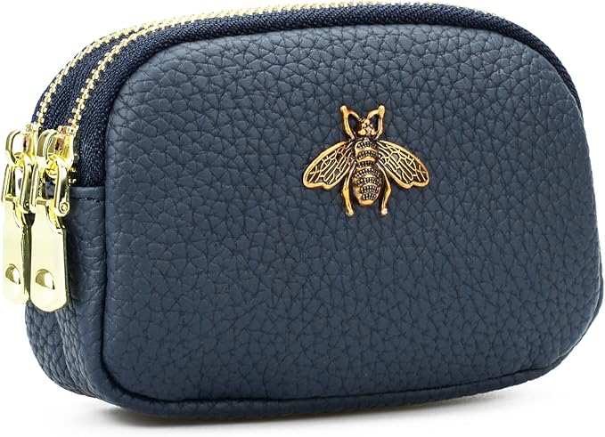WOZEAH Leather Coin Purse for Women Small 2 Zipper Change Wallet with Key Ring Card Key Coin Cash Holder Pouch(Blue)