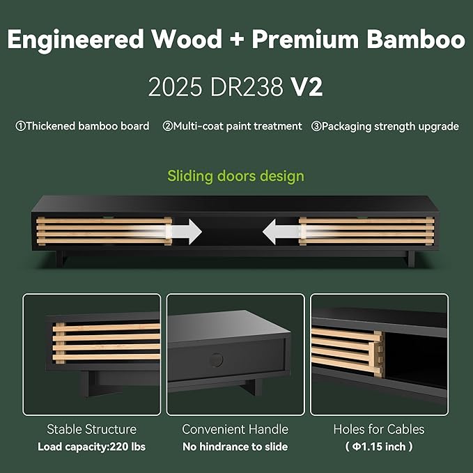 Dual Monitor Stand with Sliding Bamboo Doors - Heavy Duty Wood Computer Monitor Riser for 2 Screens, Ergonomic Desk Organizer with Storage & Keyboard Tray, Natural & Black (38 Inch)
