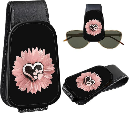Leather Magnetic Sunglass Holder for Car Sun Visor, Cute Eyeglass Ticket Card Hanger Clip, Universal Auto Interior Accessories for SUV Pickup Truck, Sunflower Paw