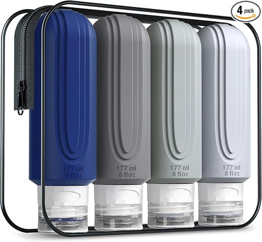 Mrsdry Travel Bottles for Toiletries, Large 6oz Oversize Containers, BPA Free Leak Proof Tubs Refillable Liquid Traveler Accessories with Toiletry Bag for Cometic Shampoo and Lotion Soap (4 Pack)