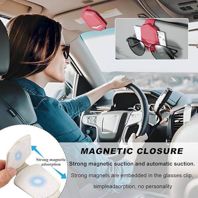 KVAEY Sunglasses Holders for Car Sun Visor, Magnetic Auto Visor Eyeglasses Holder Ticket Card Clip, Multifunctional Leather Sun Visor Glasses Hanger Mount Clip, Car Accessories (Red)