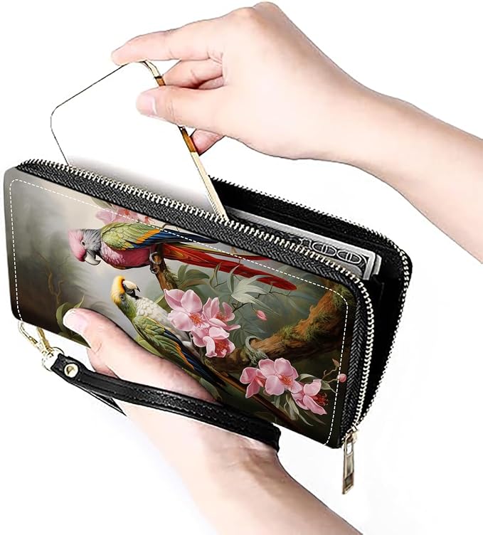Women's Large Capacity Wallet PU Leather Zip Around Clutch Purse Multifunctional Wallet with Removable Wristlet Strap for Smart Phone/Coin/Card/Cash, Parrot