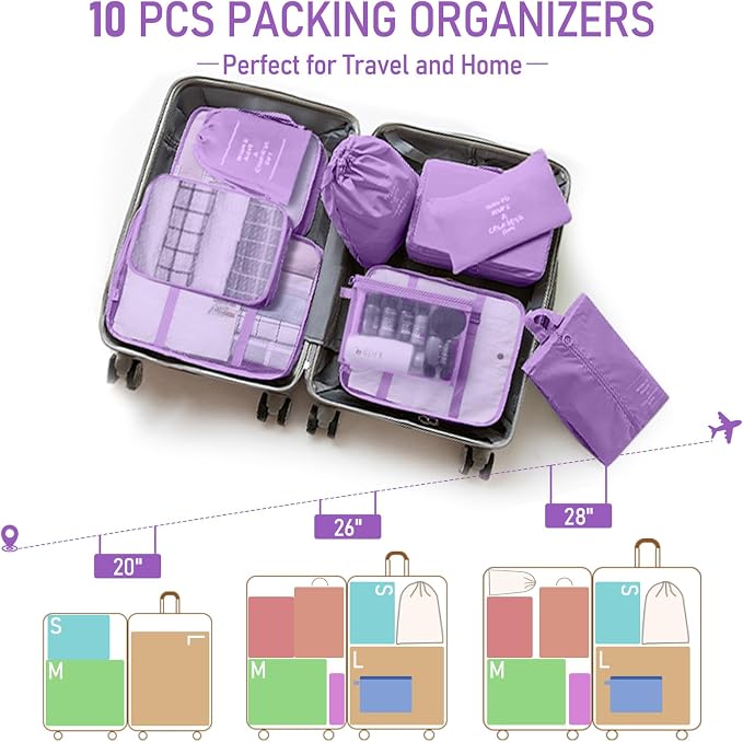 Packing Cubes for Travel- 8 Set Luggage Organizer Bags for Family, Mesh Breathable Travel Packing Cubes for Suitcases Durable Travel Essentials Bags Set (Purple, 10 Set)