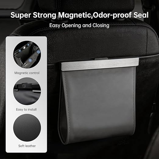 Leather Car Trash Can with Smart LED Light & Magnetic Closure, Hanging Car Trash Bag, Small Car Trash Can, Leak-Proof, Odor-Lock Car Trash Bin for Any Cars, Sedans, SUVs, Trucks, Black
