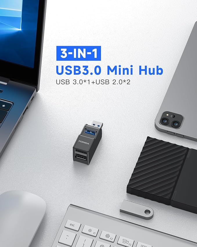 FORIDA 3 Ports USB Adapter, USB Hub with USB 3.0 and Double USB Adapter, Portable USB Splitter 1 in 3 Out for Keyborad, Mobile Hard Disk, U Disk, Camera, Mouse etc Laptop Accessories (Black)
