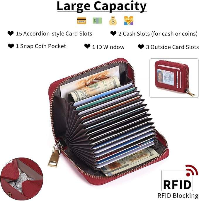 GAEKEAO Credit Card Holder Wallet for Women RFID Blocking Small Genuine Leather Card Case with Coin Pocket ID Window