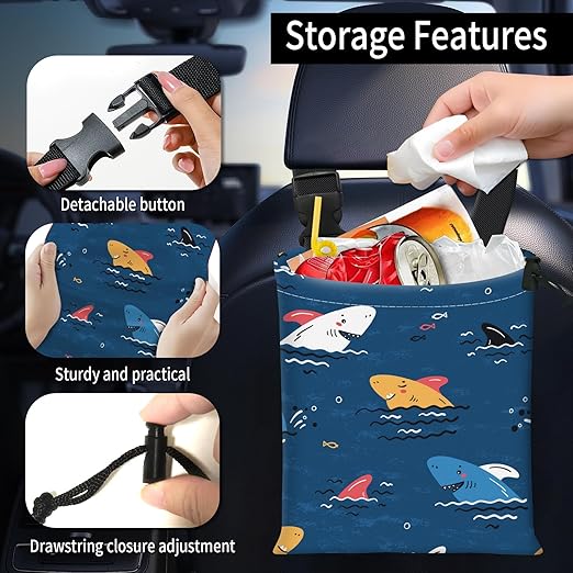 Car Trash Bag Large Hanging Can for Back of Seat, Cute Waterproof Car Garbage Bag for Vehicle, Travelling, Outdoor Cute Cartoon Blue Shark