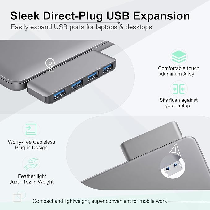 Portable 4-Port USB 3.0 Hub with Direct Plug-in USB Male Connector Design | Space-Saving USB Hub Compatible with Laptops and Desktops, Works with Windows, macOS, Linux and Chrome OS