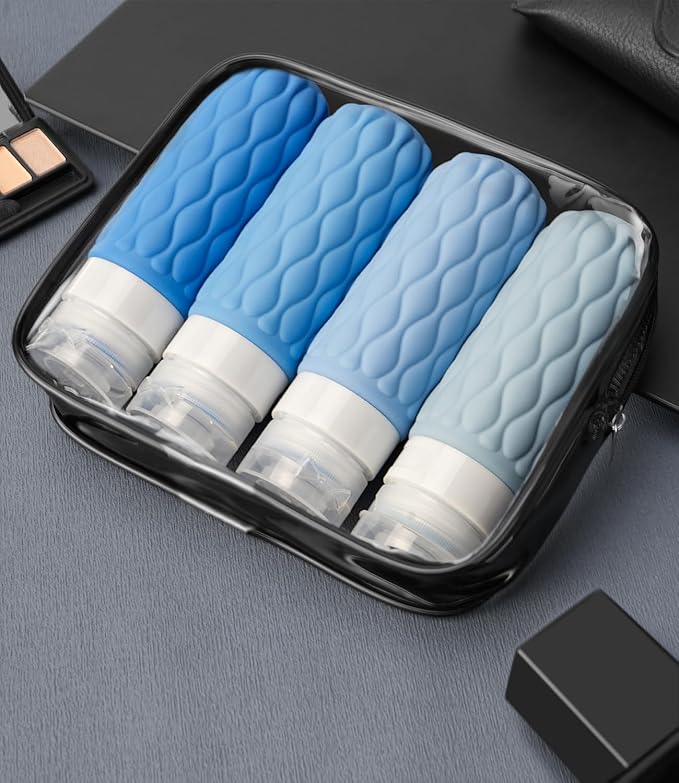 100 ml Silicone Travel Bottles for Toiletries with Labels/Clear Bag, Holiday Travel Essentials Leakproof Refillable Squeeze Travel Size Containers Set for Shampoo and Conditioner