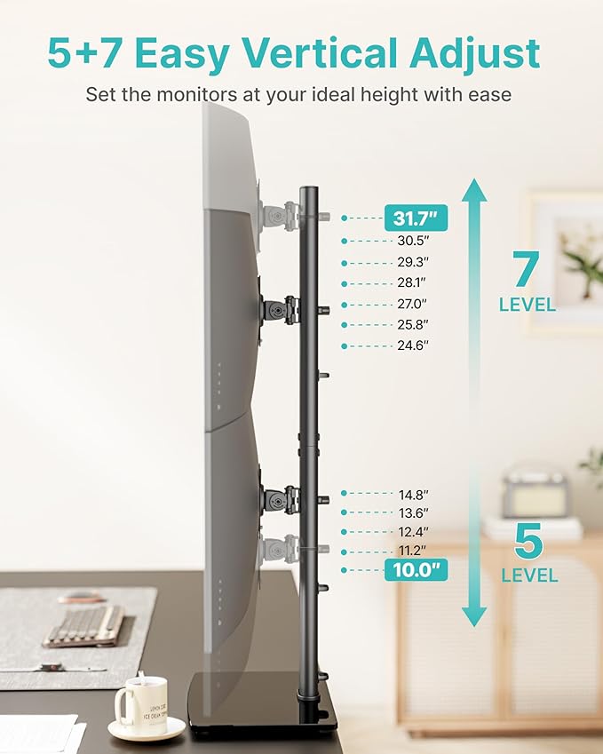 Pegzone Vertical Dual Monitor Stand for 17??4 Inch Screens, Stacked Monitor Mount, Holds up to 33 lbs per Arm, Tabletop Screens Riser with Full Motion, 33.3" Pole 12 Height Settings, 75/100 VESA