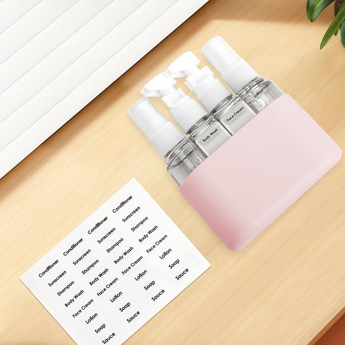 Skycase Travel Bottles - Leak Proof Refillable Tsa Approved Travel Size Toiletries, 4 in 1 Liquid Bottles Containers with Labels and Funnel Airplane Accessories Kits for Lotion Liquid (Pink)