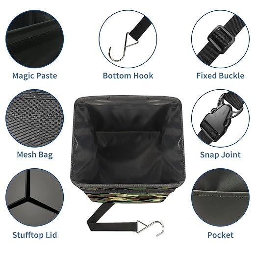 Car Trash Can Camouflage Army Pattern Wate-rproof Auto Garbage Bag Car Trash Can with Lid Leak-Proof Car Storage Bag Hanging for Headrest Collapsible and Portable with Storage Mesh Pocket