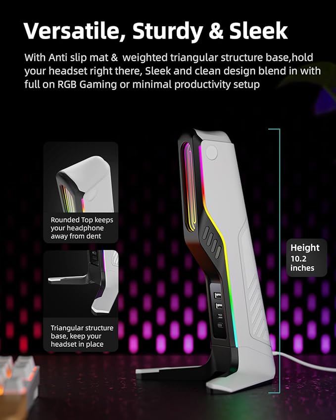 RGB Gaming Headset Stand with 2 USB and 1 Type-C Ports, Game Headphone Mount for PC Computer, Xbox One, Xbox Series S/X, PS5, PS4, Earphone Holder Hanger, Desk Gamer Accessories, Black&White