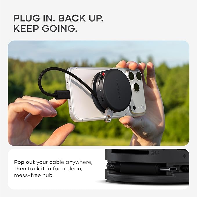 Satechi OntheGo??7-in-1 USB-C Hub, Compact Magnetic Multiport Adapter, 100W PD, HDMI 4K/60Hz, Gigabit Ethernet, 2×USB-A 5Gbps, SD/microSD Reader, Coiled Cable, for Mac & Windows ??Space Black