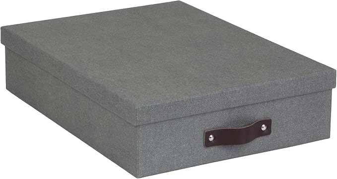Bigso Oskar Canvas Fiberboard Document Letter Box - File Organizer Box for Important Paperwork - Document Storage with a Lid & Leather Handle - 3.3 in x 10.2 in x 13.8 in - Gray