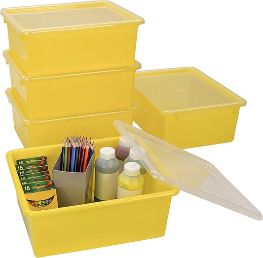 Storex Letter Size Deep Storage Tray – Organizer Bin with Non-Snap Lid for Classroom, Office and Home, Yellow, 5-Pack (62546A05C)