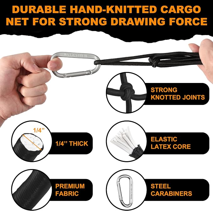 Seven Sparta 5’ x 7’ Bungee Cargo Net Stretches to 10' x 14' for Truck Bed, Pickup Bed, Trailer, Trunk, SUV with 16 Bonus D Clip Carabiners Car Organizer Net for Large Loads (Black, 5'x7')