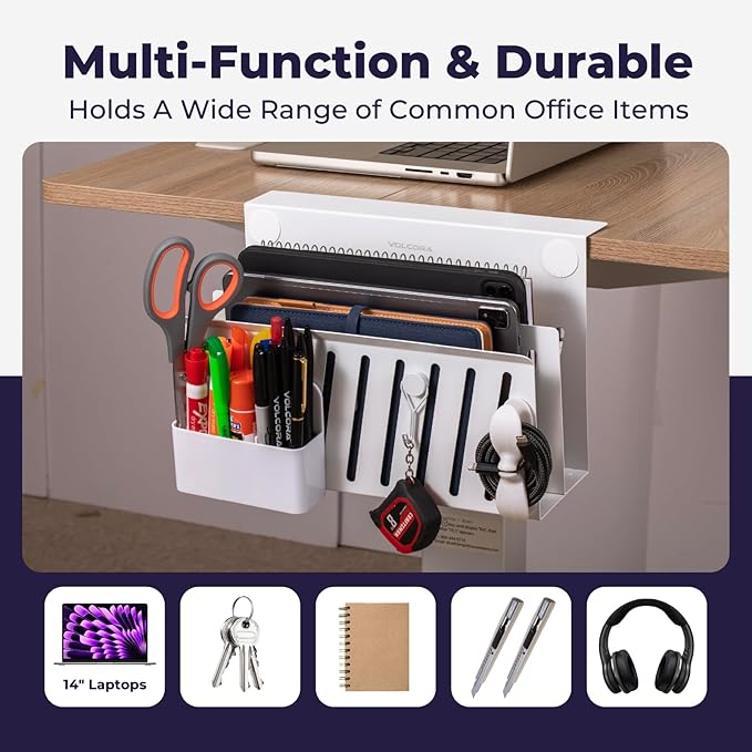 Volcora Side Storage Under Laptop Holder, No Drill Organizer With Magnetic Pen Box, Cable Clamp, Hanging Mount File Holder for Office and Home, 2 Tier White