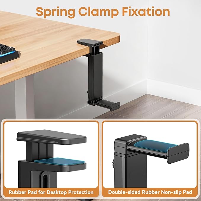 Headphone Stand & Hanger for Desk, 2 in 1 Above & Under Desk Gaming Headset Holder Mount with Height Adjustable & Rotating Clamp, Dual-sided Anti-slip Pad, Earphone Rack with Cable Clip, 1 Hooks