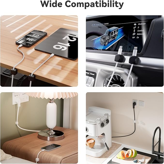Rotatable Cord Organizer, Enhanced Spring Cable Clips, Strong Adhesive Cable Management, Desk Cord Holder for Nightstand, Office Accessories and Car (8*White)