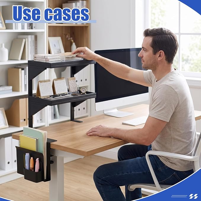 Chumia 2 Tier Clamp on Desk Clamp on Laptop Mount with Pen Holder Desktop Shelves Organizer Desktop Organizer Desk Organizers and Accessories Table Extender Attachment Shelves for Home Office