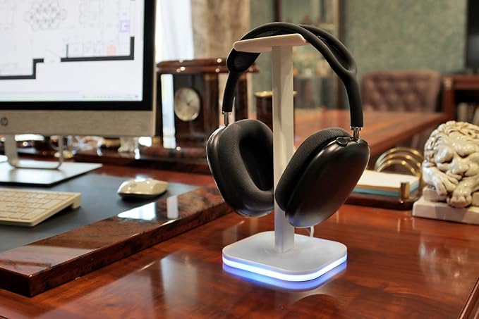 RGB Headphone Stand for Gaming – Modern Aluminum Headset Holder for Desk - Sleek Display for Over-Ear Headphones (Accessory )– Gift for Boys- White