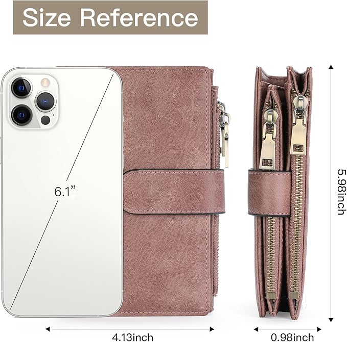 GOIACII Womens Wallets RFID Blocking Leather Trifold Clutch Wallet Credit Card Holder Ladies Purse 3 ID Windows Pink