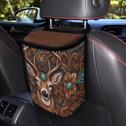 Talayituse Vintage Brown Elk Print Car Trash Bin, Large Size Auto Trash Can Adjustable Portable Garbage Can with Lid, Vehicle Hanging Bag for Headrest Front Back Seat