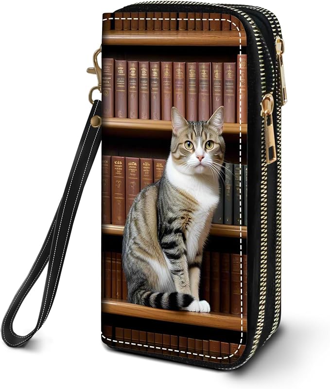 Women's Large Capacity Wallet PU Leather Double Zipper Clutch Purse Multifunctional Wallet with Removable Wristlet Strap for Smart Phone/Coin/Card/Cash, Cat On Bookshelf