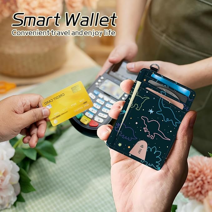 Small Travel Wallets, Fun Dinosaurs Slim Minimalist Front Pocket Wallet with Wristlet, RFID Blocking PU Leather Credit Card Holder with ID Window Change Purse for Men Women