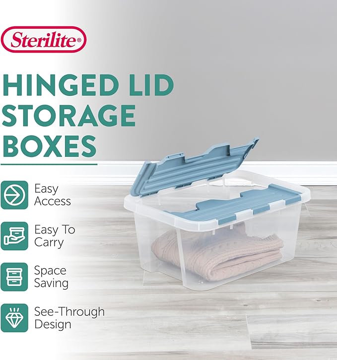 Sterilite 6 Pack Hinged Lid Storage Box, 20 Qt Plastic Container, Washed Blue - Home Organizer Tote for Storing Shoes, Crafts, Clothing, or Decor