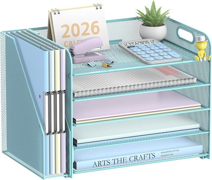 SUPEASY 5-Tier Desk Organizer with File Holder, Desk Organizers and Accessories, Paper Organizer for Desk, Mesh Desktop File Organizer, Workspace Organizers for Office School Home, Blue