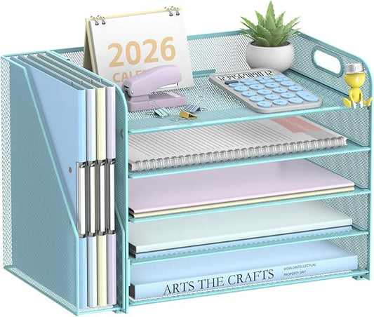 SUPEASY 5-Tier Desk Organizer with File Holder, Desk Organizers and Accessories, Paper Organizer for Desk, Mesh Desktop File Organizer, Workspace Organizers for Office School Home, Blue