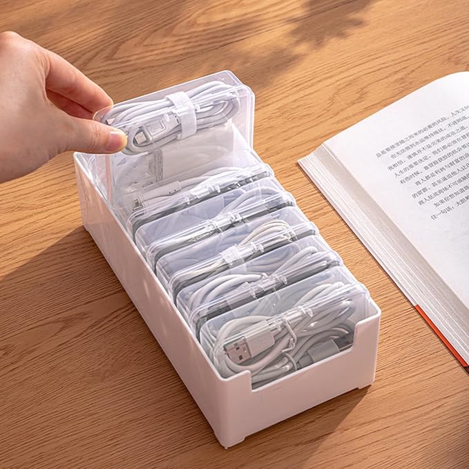 Cable Organizer Box for Charging Cords, Desk Wire Management Holder with Adjustable Dividers, Lightweight Charging Cable Storage Case for Home
