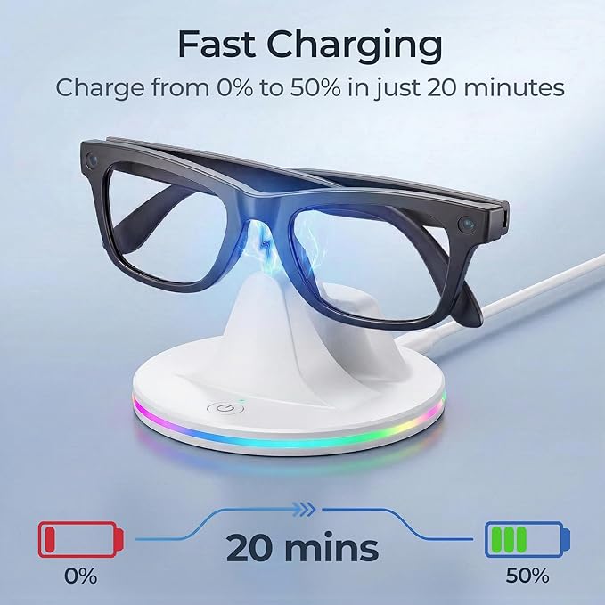 Charging Dock for Meta Ray-Ban Glasses, Charging Stand Compatible with Wayfarer, Skyler, Headliner & Oakley Meta HSTN, with USB-C Cable and 7-Color RGB, White